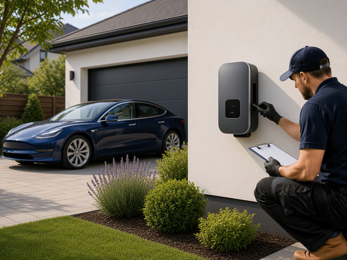 Electric vehicle charging wallbox station installed at home
