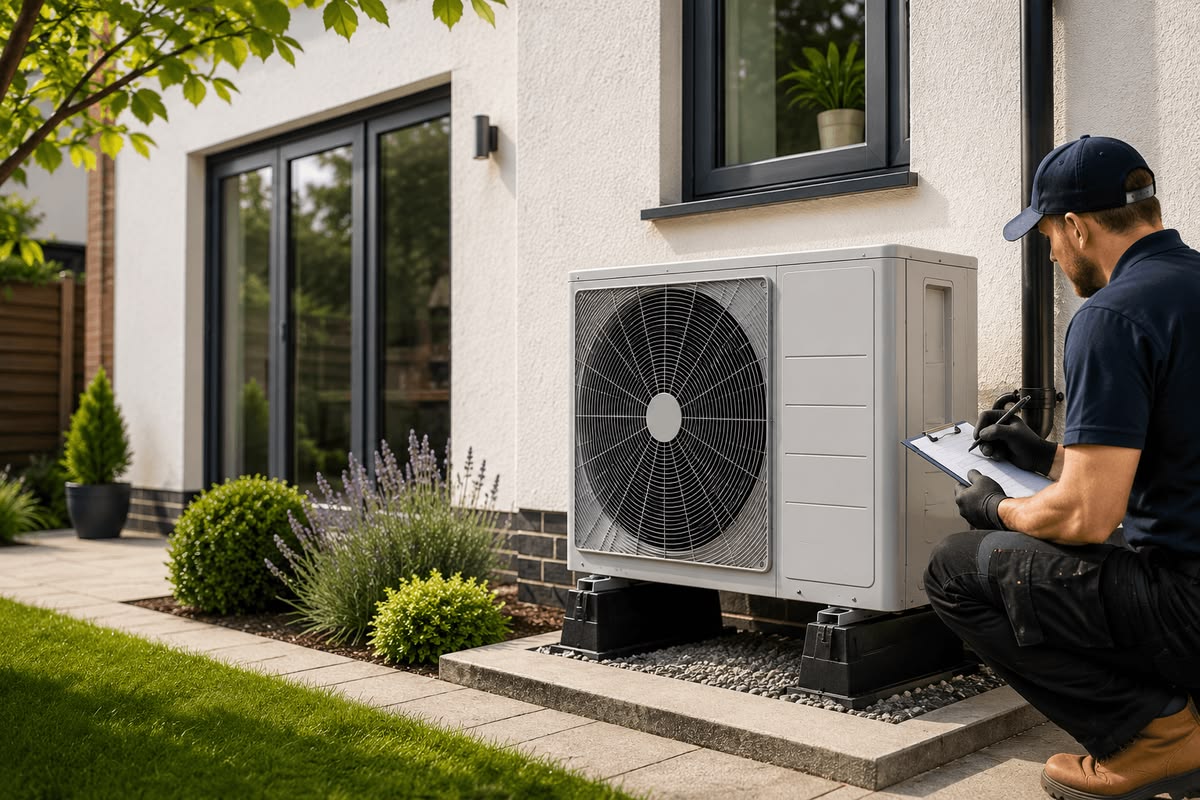 Heat pump technician servicing split heating unit