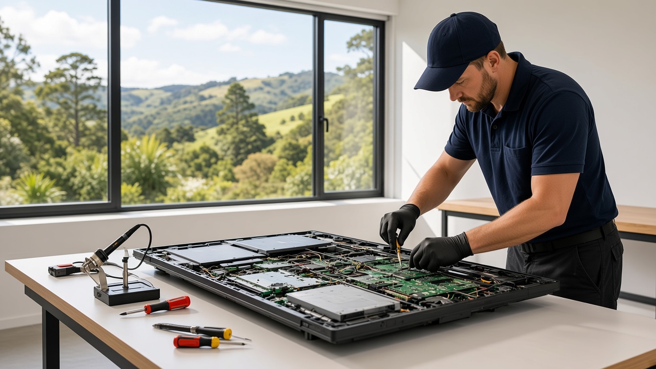 Master electronics technician diagnosing circuit board
