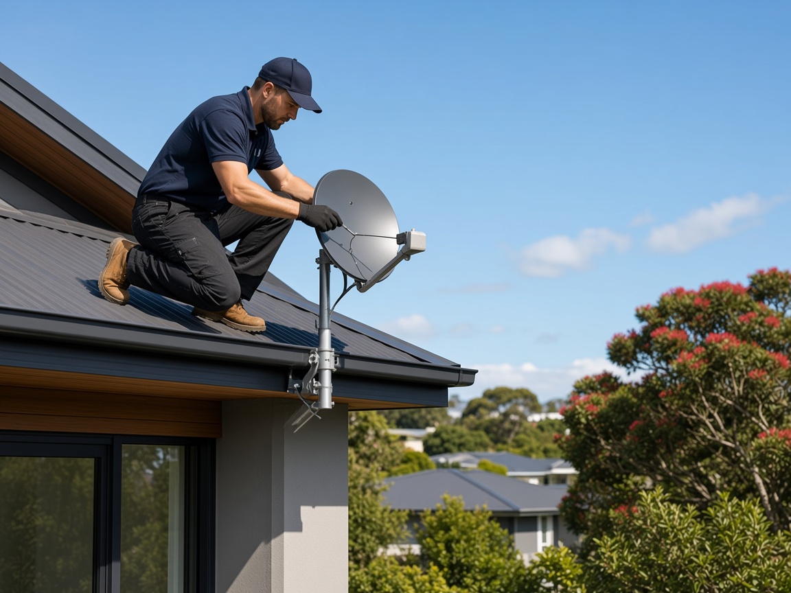Satellite dish and aerial installation on a residential roof
