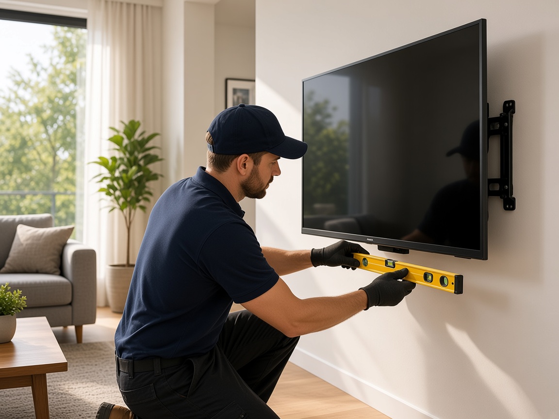Flat screen TV flush wall mounted in a modern living room